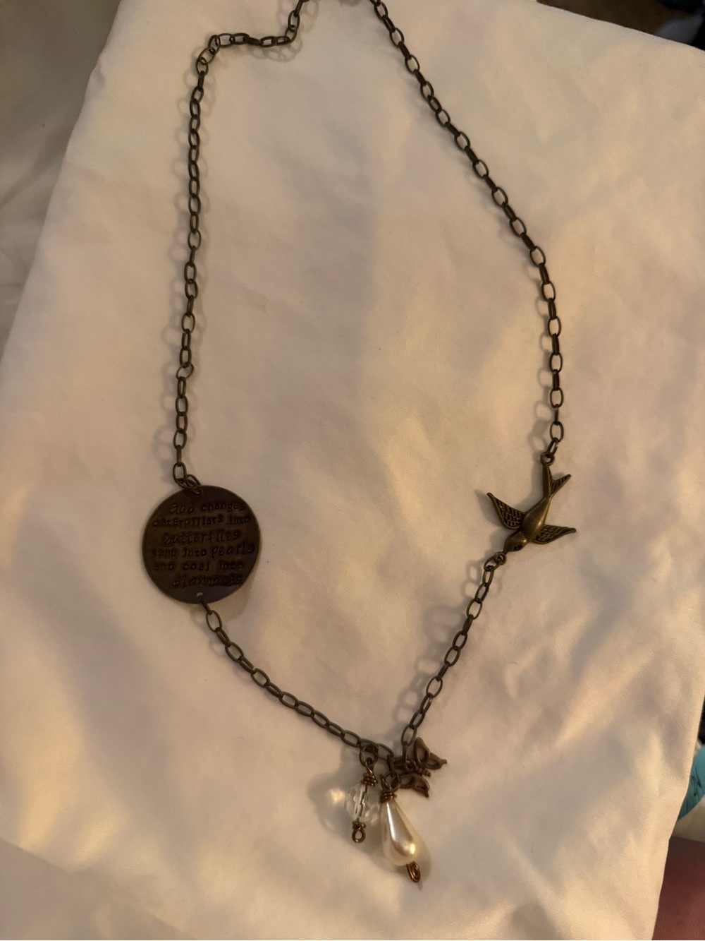 Antique Brass Bird Necklace with Pearl Drop& Tamped Inspirational Message